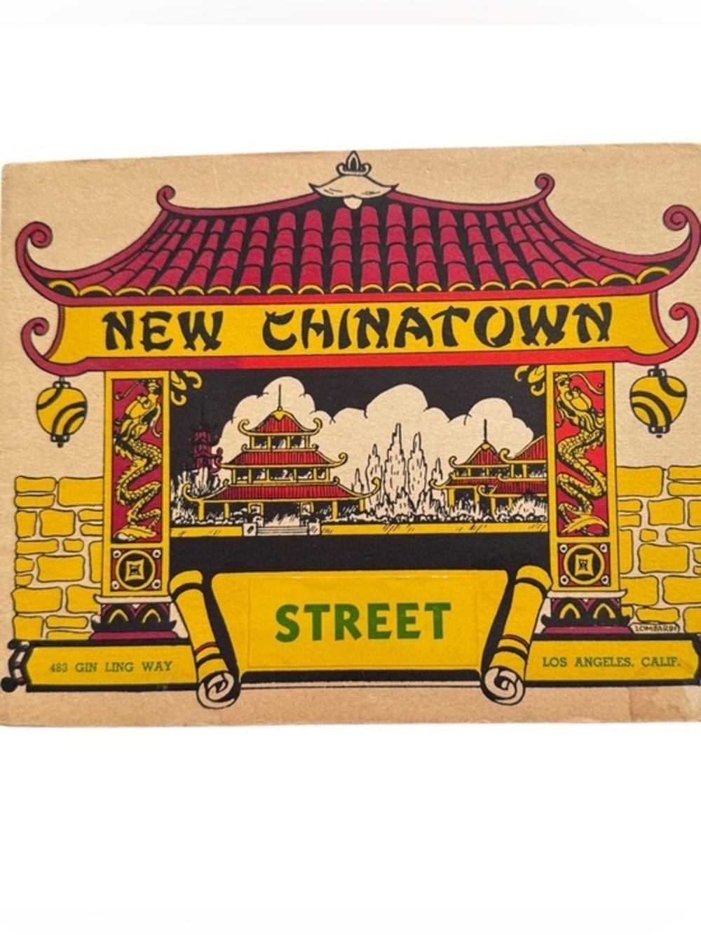 1945 New Chinatown Los Angeles Souvenir Photo Folder Gin Ling Way WWII Era